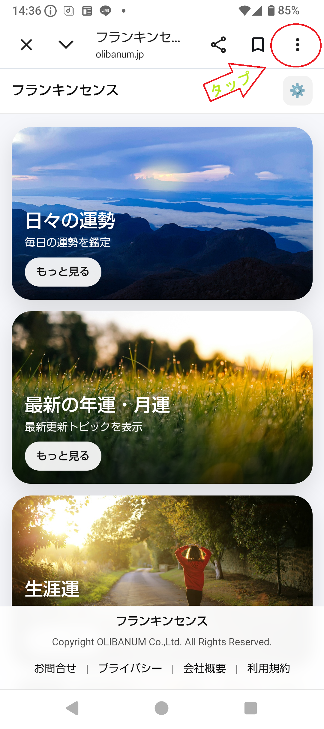 Androidでフランキンセンスのホーム画面を開き、右上のメニューをタップする