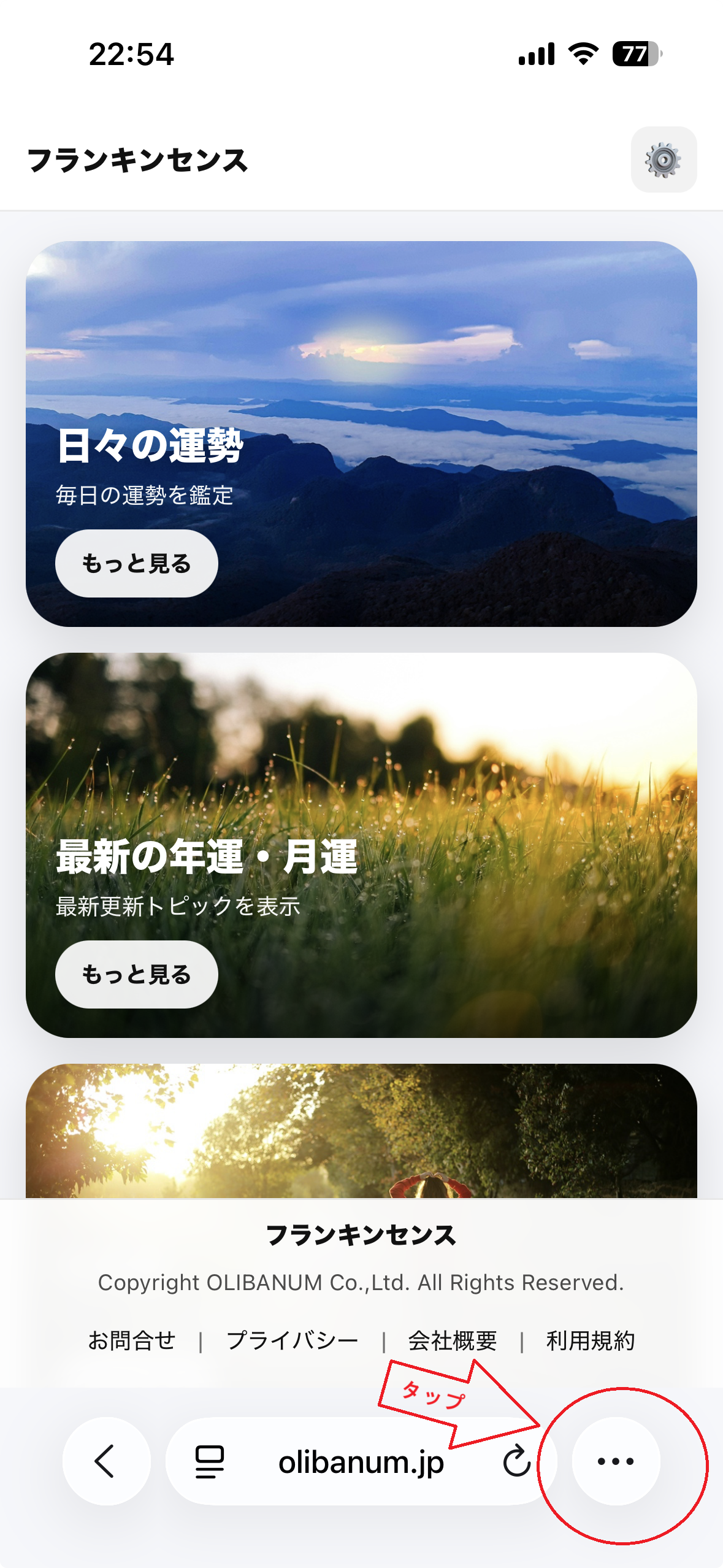 iPhoneでフランキンセンスのホーム画面を開き、メニューをタップする
